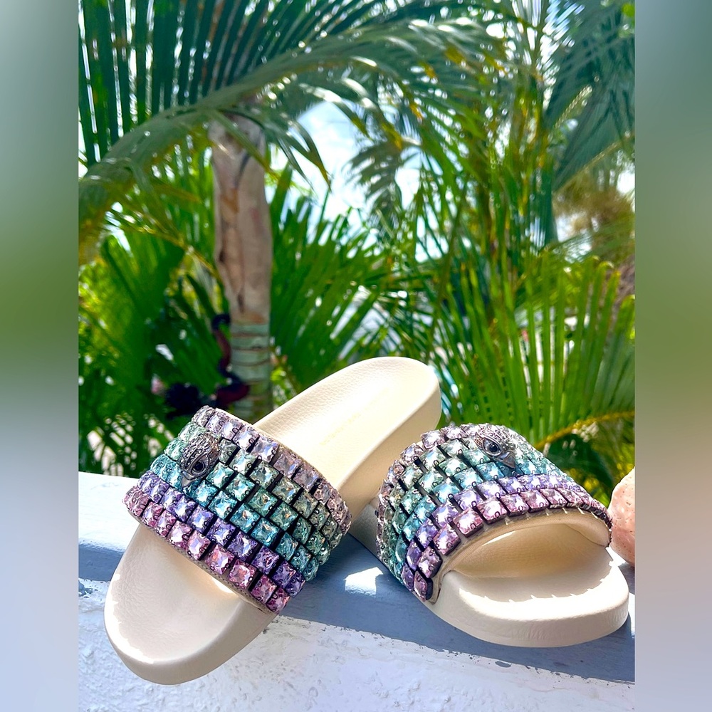 Kurt Geiger NIB Slide Sandals Meena Lg Pastel Crystals EagleHead w/Crystals Sz 7 - Picture 2 of 13